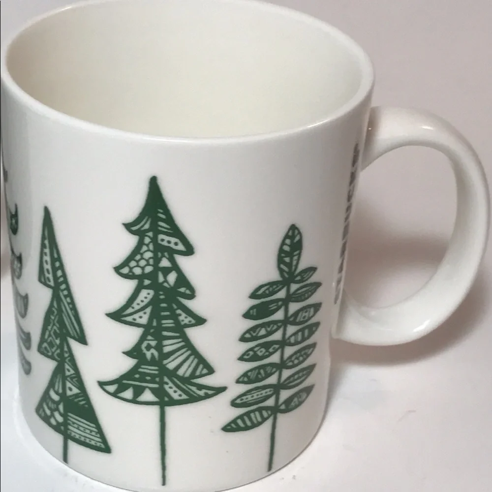 Set of Two Starbucks Christmas Mugs Green with Gold Trees White with Green Trees